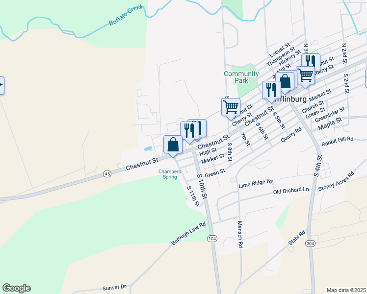 map of restaurants, bars, coffee shops, grocery stores, and more near 917-999 Chestnut Street in Mifflinburg