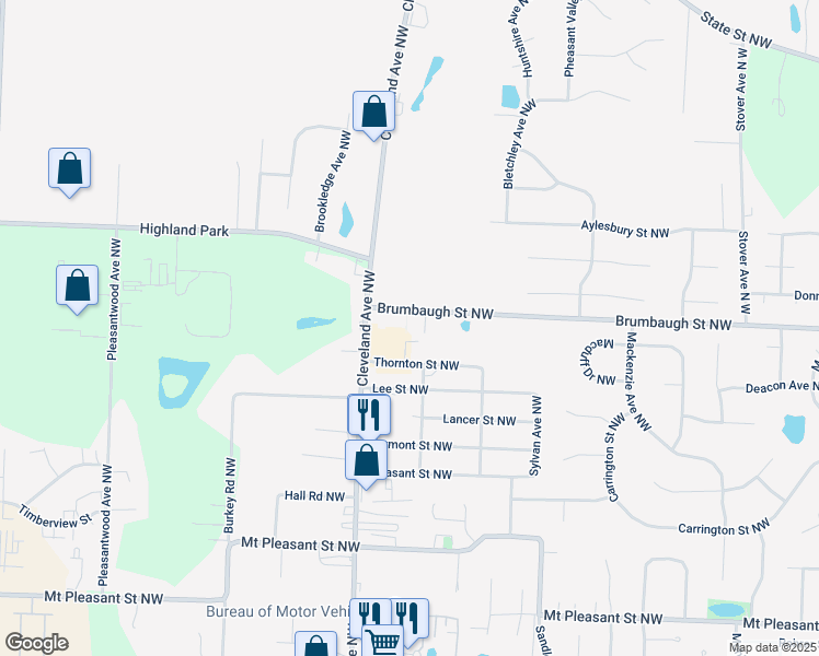 map of restaurants, bars, coffee shops, grocery stores, and more near 3135 Thornton Street Northwest in North Canton