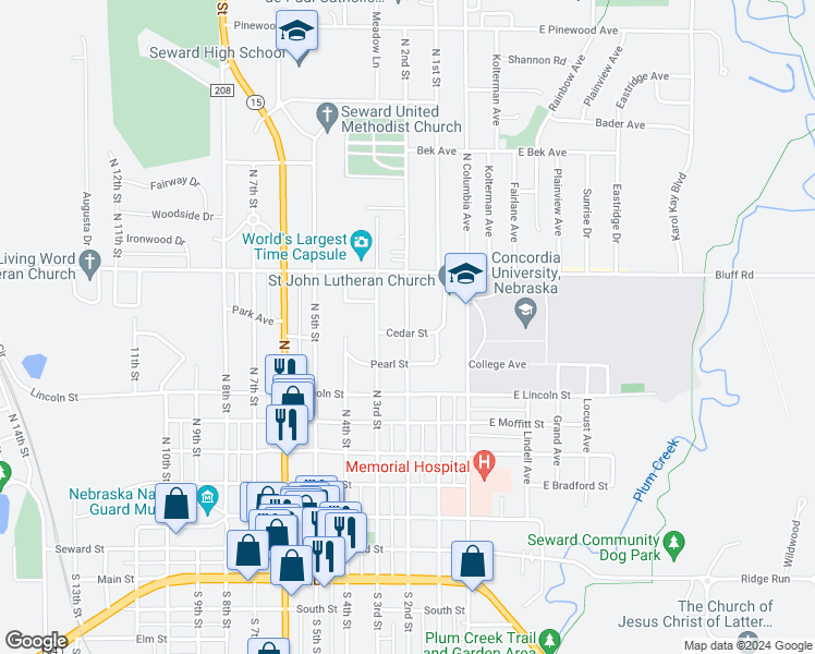 map of restaurants, bars, coffee shops, grocery stores, and more near 744 North 3rd Street in Seward
