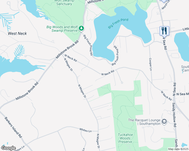 map of restaurants, bars, coffee shops, grocery stores, and more near 160 West Neck Road in Southampton