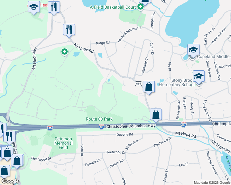map of restaurants, bars, coffee shops, grocery stores, and more near 28 Hillside Road in Rockaway