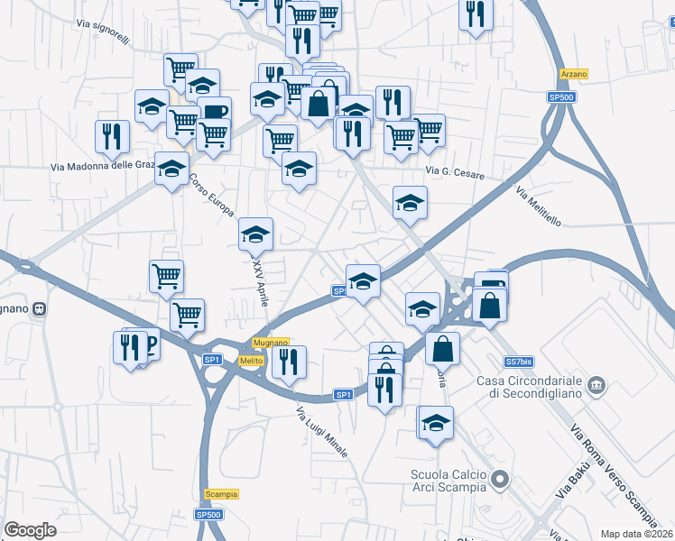 map of restaurants, bars, coffee shops, grocery stores, and more near 339 Corso Europa in Melito di Napoli