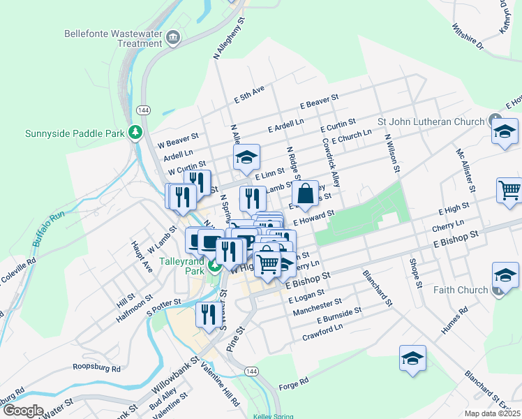 map of restaurants, bars, coffee shops, grocery stores, and more near 238 North Allegheny Street in Bellefonte