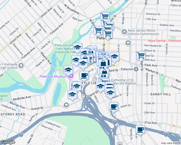 map of restaurants, bars, coffee shops, grocery stores, and more near 28 Ward Street in Paterson