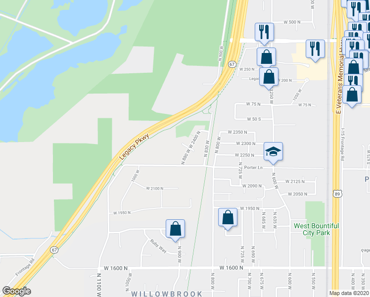 map of restaurants, bars, coffee shops, grocery stores, and more near 2297 North 880 West in West Bountiful