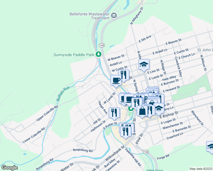 map of restaurants, bars, coffee shops, grocery stores, and more near 239 North Thomas Street in Bellefonte