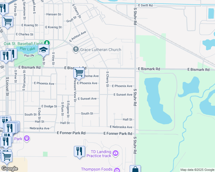 map of restaurants, bars, coffee shops, grocery stores, and more near 1001 East Phoenix Avenue in Grand Island