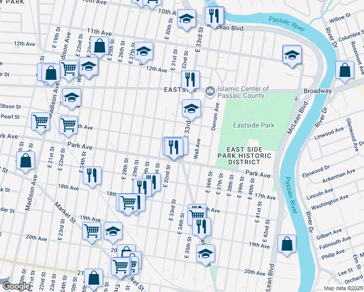 map of restaurants, bars, coffee shops, grocery stores, and more near 291 East 33rd Street in Paterson