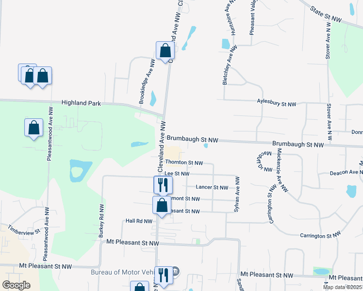 map of restaurants, bars, coffee shops, grocery stores, and more near 3135 Thornton Street Northwest in North Canton
