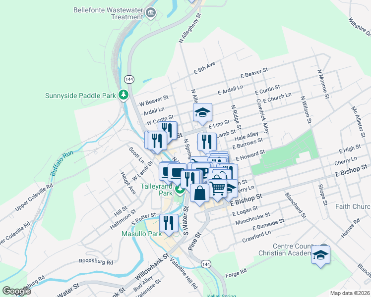 map of restaurants, bars, coffee shops, grocery stores, and more near 245 North Spring Street in Bellefonte
