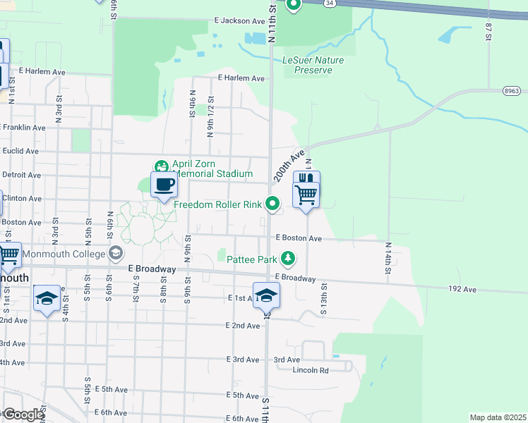 map of restaurants, bars, coffee shops, grocery stores, and more near 360 North 11th Street in Monmouth