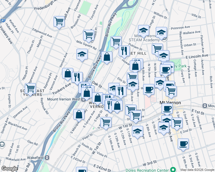 map of restaurants, bars, coffee shops, grocery stores, and more near 47 Oak Street in Mount Vernon
