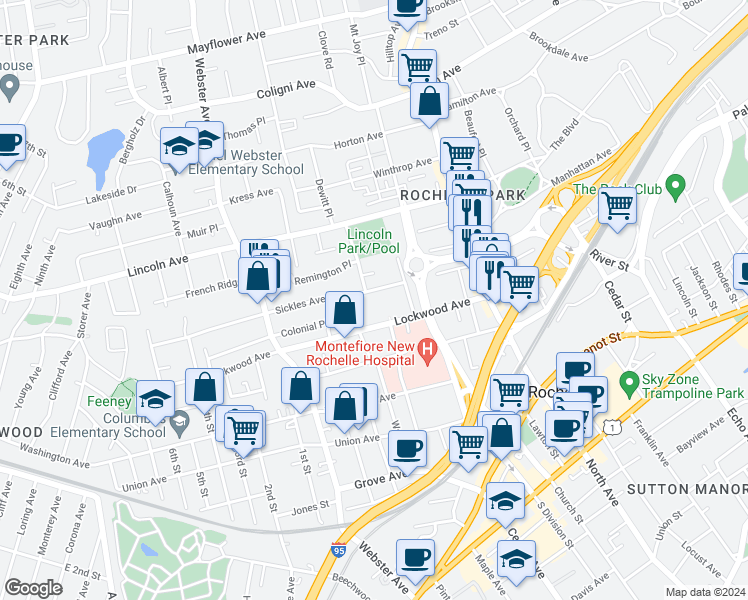 map of restaurants, bars, coffee shops, grocery stores, and more near 111 Lockwood Avenue in New Rochelle