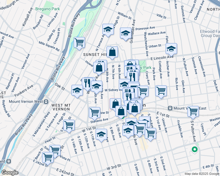 map of restaurants, bars, coffee shops, grocery stores, and more near 56 West Sidney Avenue in Mount Vernon