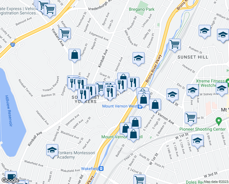 map of restaurants, bars, coffee shops, grocery stores, and more near 1137 Yonkers Avenue in Yonkers