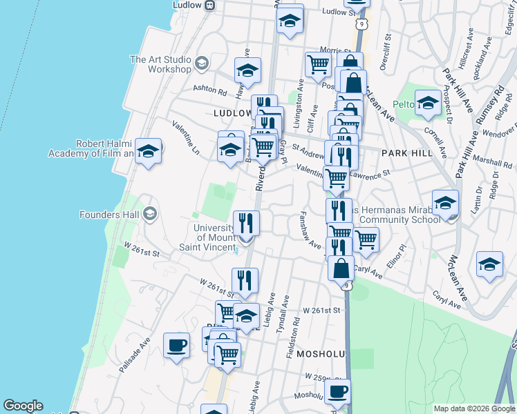 map of restaurants, bars, coffee shops, grocery stores, and more near 532 Riverdale Avenue in Yonkers