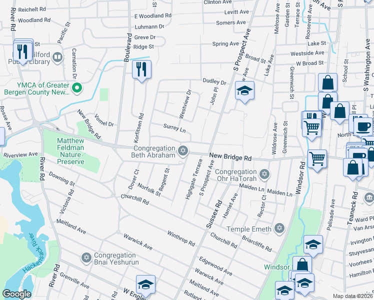 map of restaurants, bars, coffee shops, grocery stores, and more near 406 New Bridge Road in Bergenfield