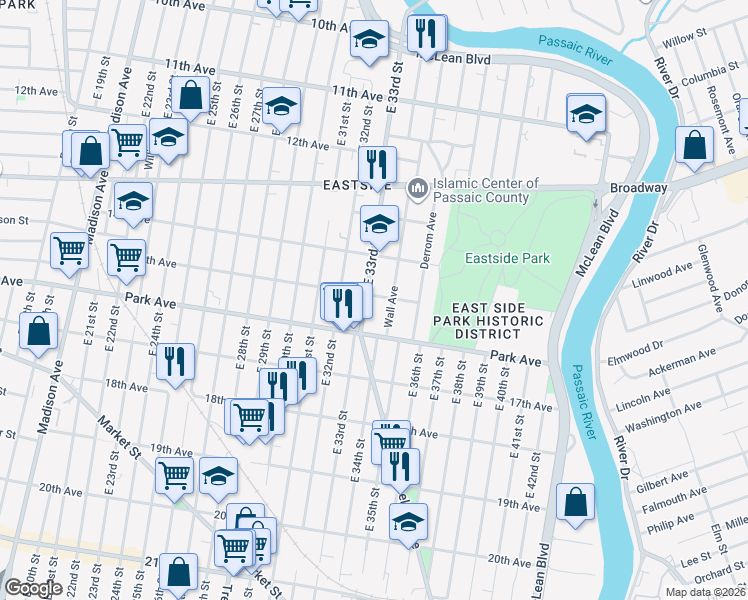 map of restaurants, bars, coffee shops, grocery stores, and more near 291 East 33rd Street in Paterson