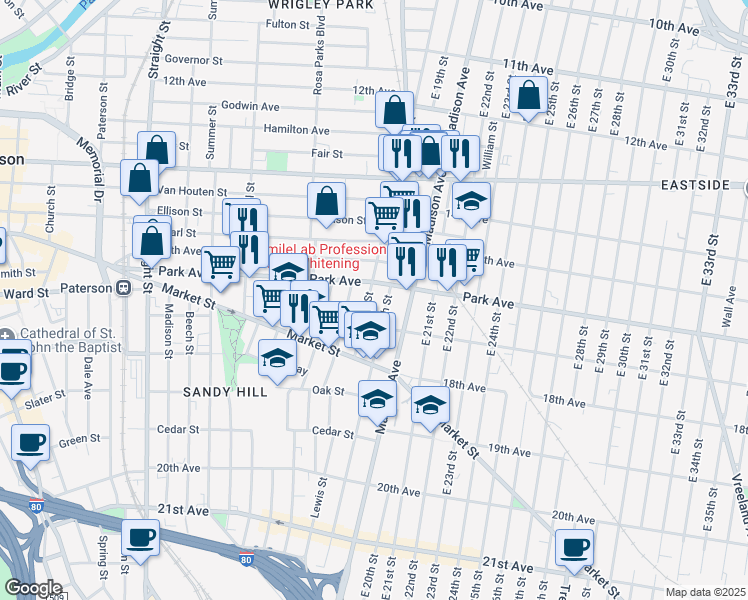 map of restaurants, bars, coffee shops, grocery stores, and more near 758 East 18th Street in Paterson