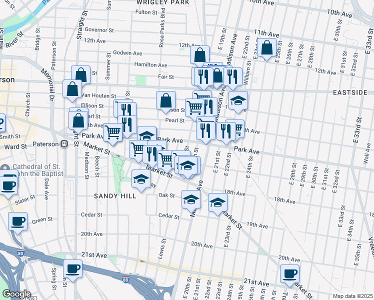 map of restaurants, bars, coffee shops, grocery stores, and more near 758 East 18th Street in Paterson
