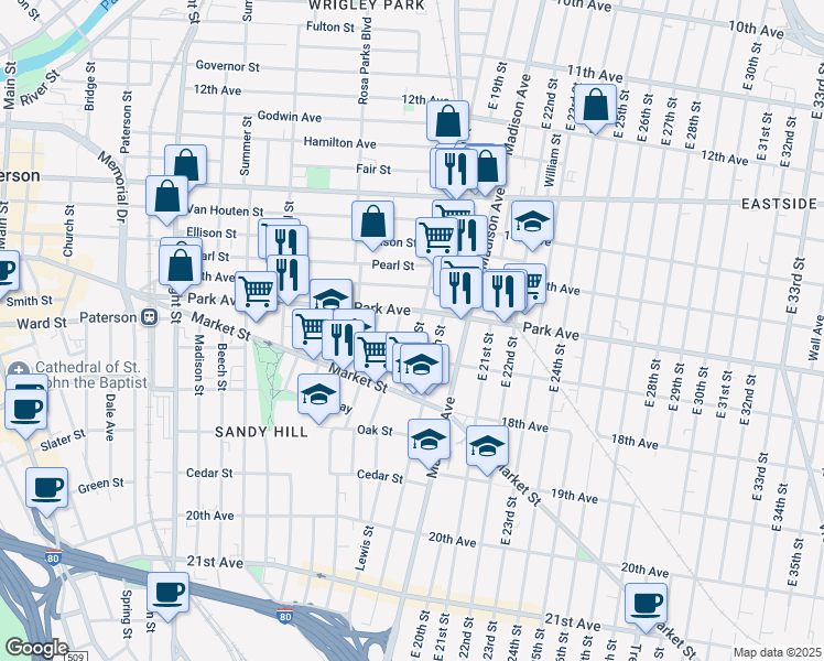 map of restaurants, bars, coffee shops, grocery stores, and more near 758 East 18th Street in Paterson