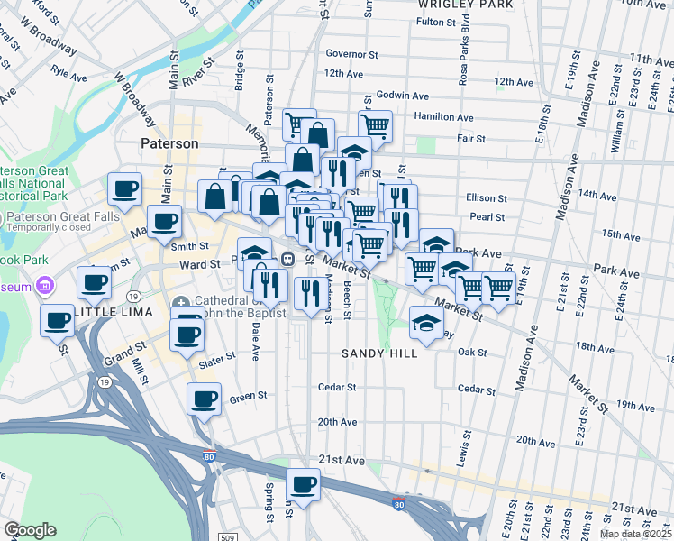 map of restaurants, bars, coffee shops, grocery stores, and more near 34 Morton Street in Paterson