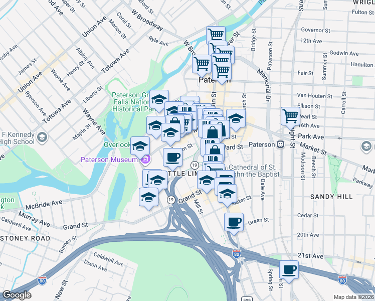 map of restaurants, bars, coffee shops, grocery stores, and more near 28 Ward Street in Paterson