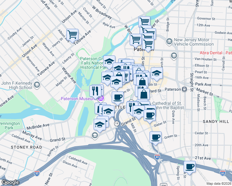 map of restaurants, bars, coffee shops, grocery stores, and more near 55 Mill Street in Paterson