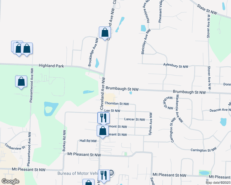 map of restaurants, bars, coffee shops, grocery stores, and more near 3135 Thornton Street Northwest in North Canton