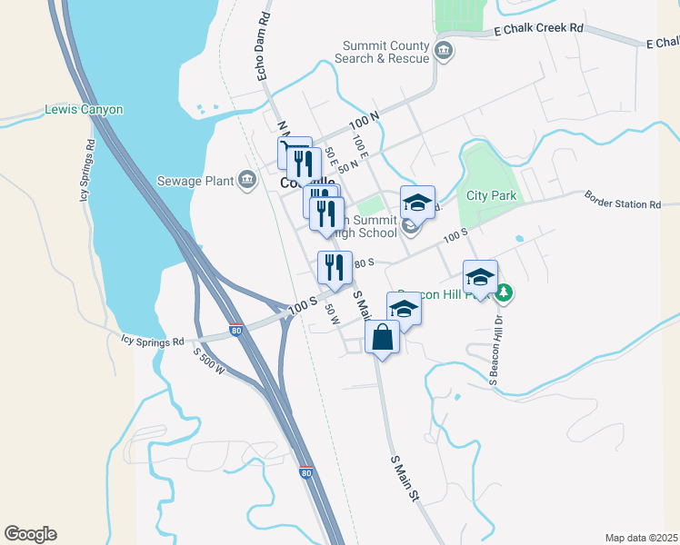 map of restaurants, bars, coffee shops, grocery stores, and more near 82 South Main Street in Coalville