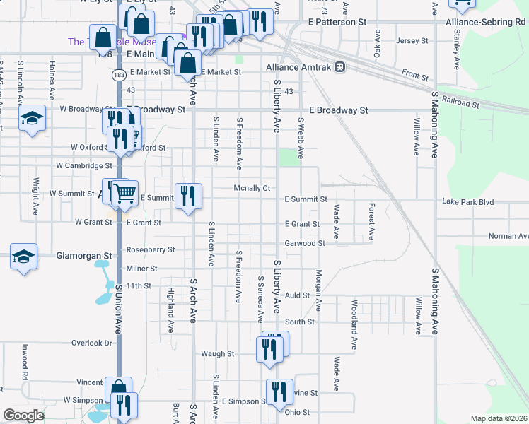map of restaurants, bars, coffee shops, grocery stores, and more near 544 East Grant Street in Alliance