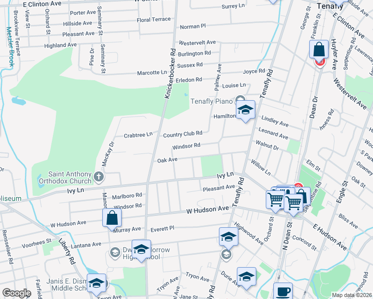 map of restaurants, bars, coffee shops, grocery stores, and more near 54 Oak Avenue in Tenafly