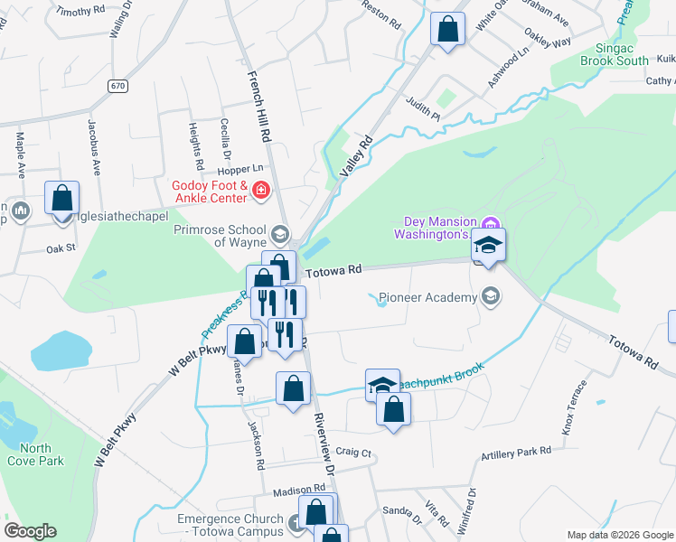 map of restaurants, bars, coffee shops, grocery stores, and more near 40 Totowa Road in Wayne