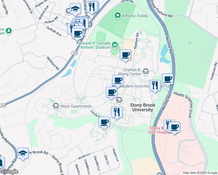 map of restaurants, bars, coffee shops, grocery stores, and more near 101 Trustees Road in Stony Brook