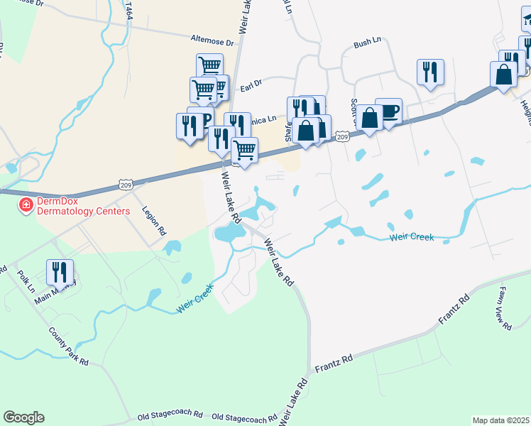 map of restaurants, bars, coffee shops, grocery stores, and more near 5708 Locust Lane in Brodheadsville