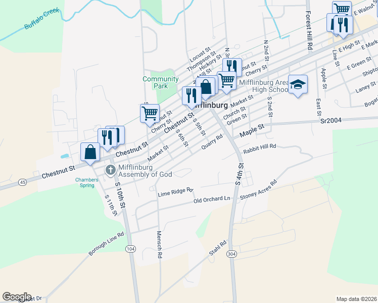 map of restaurants, bars, coffee shops, grocery stores, and more near 601 Green Street in Mifflinburg