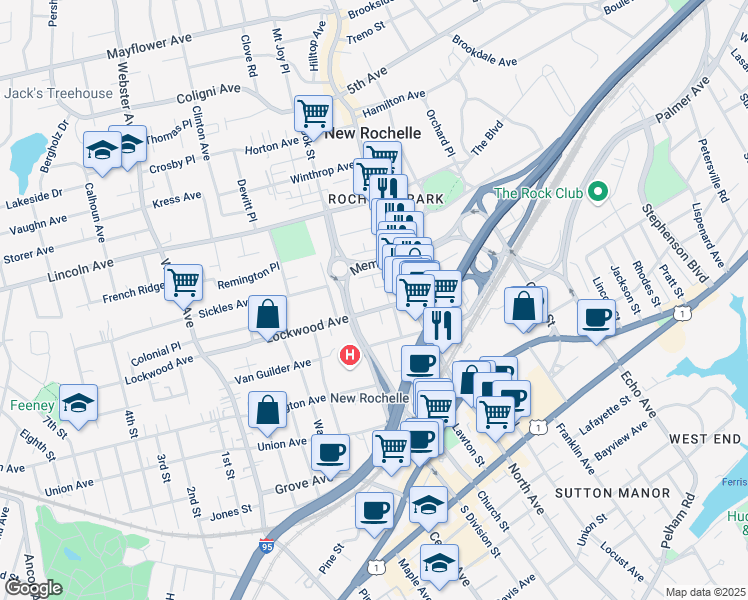map of restaurants, bars, coffee shops, grocery stores, and more near 50 Lockwood Avenue in New Rochelle
