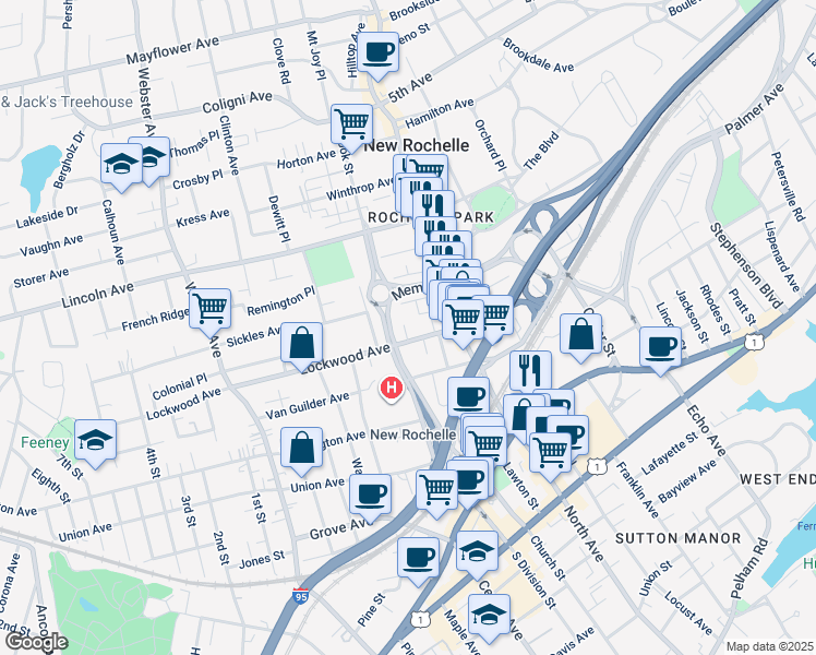 map of restaurants, bars, coffee shops, grocery stores, and more near 50 Lockwood Avenue in New Rochelle