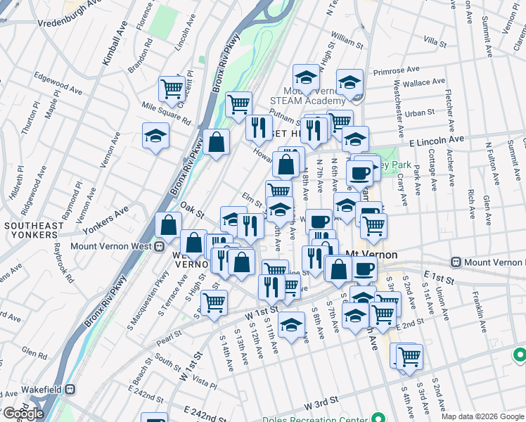 map of restaurants, bars, coffee shops, grocery stores, and more near 197 West Lincoln Avenue in Mount Vernon