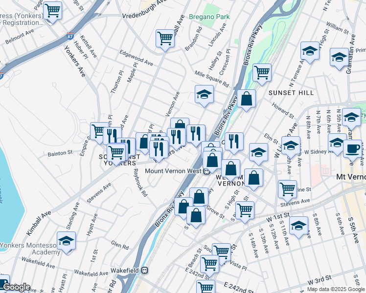 map of restaurants, bars, coffee shops, grocery stores, and more near 15 Overhill Place in Yonkers