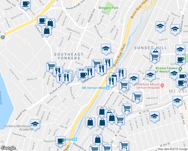 map of restaurants, bars, coffee shops, grocery stores, and more near 15 Overhill Place in Yonkers