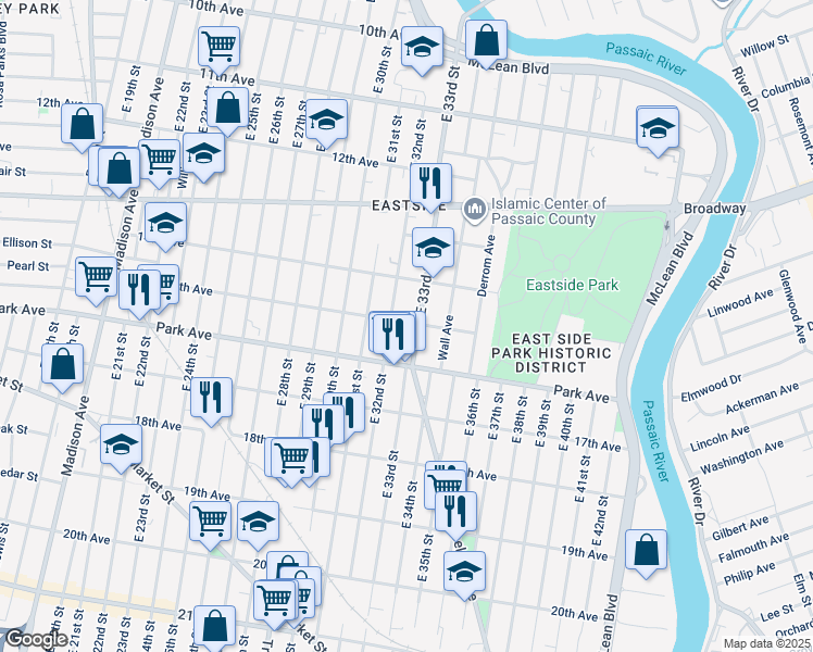 map of restaurants, bars, coffee shops, grocery stores, and more near 317 East 32nd Street in Paterson