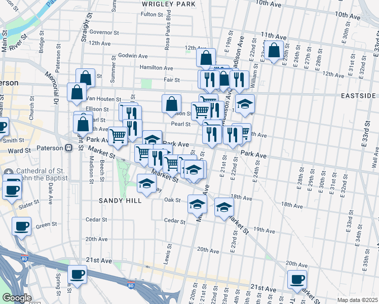 map of restaurants, bars, coffee shops, grocery stores, and more near 758 East 18th Street in Paterson