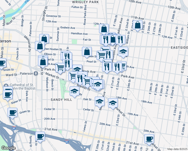 map of restaurants, bars, coffee shops, grocery stores, and more near 758 East 18th Street in Paterson