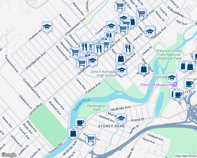 map of restaurants, bars, coffee shops, grocery stores, and more near 183 Totowa Avenue in Paterson