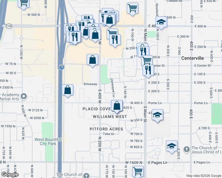 map of restaurants, bars, coffee shops, grocery stores, and more near 312 West Escala Lane in Centerville