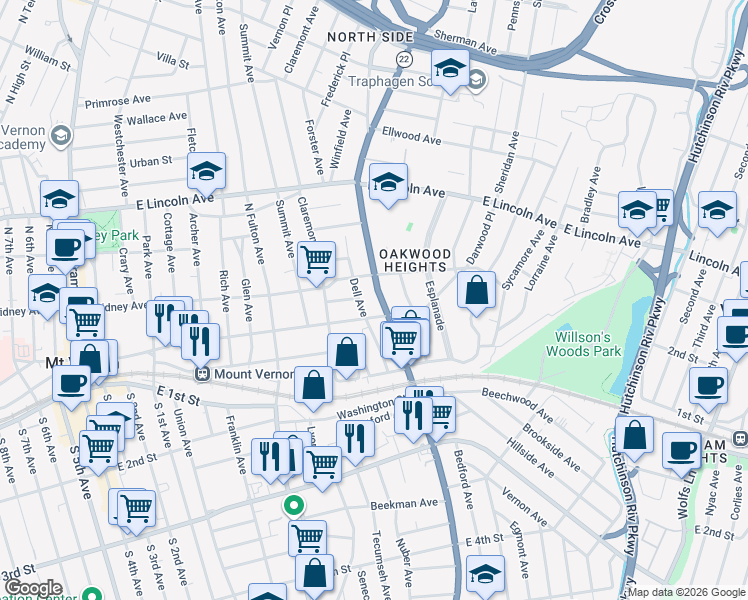 map of restaurants, bars, coffee shops, grocery stores, and more near 66 New York 22 in Mount Vernon