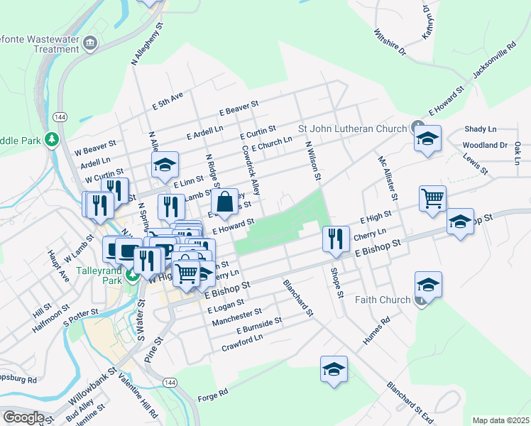 map of restaurants, bars, coffee shops, grocery stores, and more near 361 East Howard Street in Bellefonte