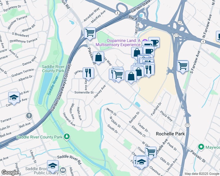 map of restaurants, bars, coffee shops, grocery stores, and more near 235 West Passaic Street in Rochelle Park