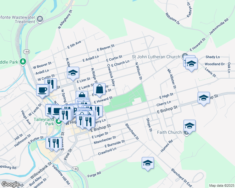 map of restaurants, bars, coffee shops, grocery stores, and more near 361 East Howard Street in Bellefonte
